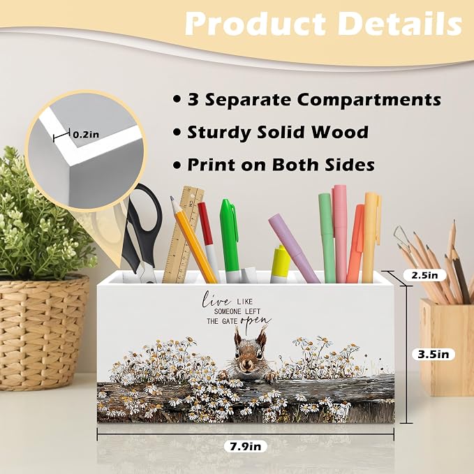Rustic Squirrel Pen Holder Organizer, Farmhouse Squirrel Gifts for Women Men Desk Decor, Live Like Someone Left the Gate Open Wooden Pen Pencil Holders for Vintage Desk Accessories