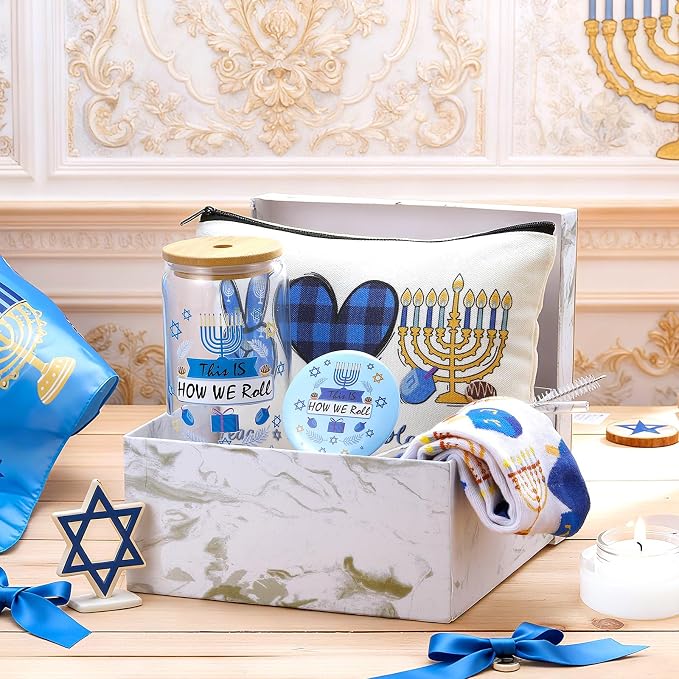 Kacctyen 5 Pcs Hanukkah Jewish Gifts for Women 16 oz Hanukkah Jewish Tumbler with Lid Straw Chanukah Makeup Bag Socks Mirror Gift Box for Chanukah Holiday Friend Coworkers Family