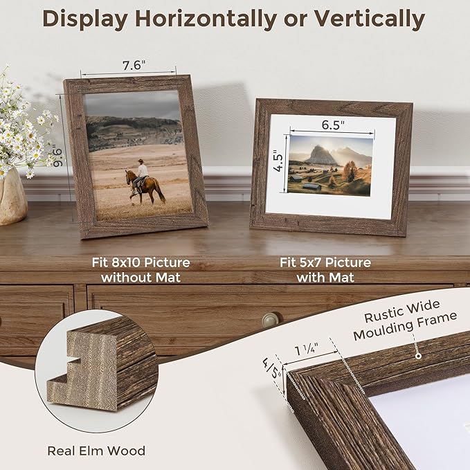 Fun Memories 8x10 Picture Frame with Mat for 5x7 Photo, Solid Elm Wood & Tempered Glass, Rustic Wall & Tabletop Display Frame, Walnut, 1 Pack