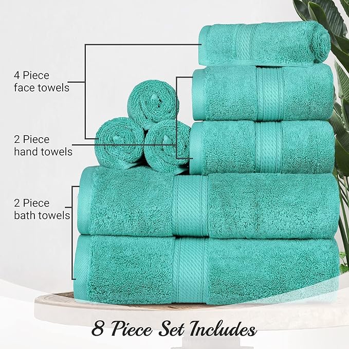 BLUENILEMILLS Madison Egyptian Cotton Towels, Towel Set for Bathroom, Shower, Hotel, Plush, 900 GSM, Highly Absorbent and Ultra-Soft Towels, Bath Essentials, 8 Piece Assorted Towel Set, Turquoise