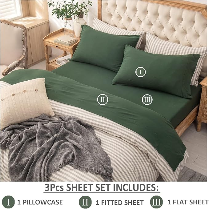 PURE ERA Jersey Knit 3pcs Bed Sheet Set 100% T-Shirt Heather Cotton Super Soft Comfy Breathable Fits Mattress Up to 20" Extra Deep Pocket (Forest Green, Twin XL)