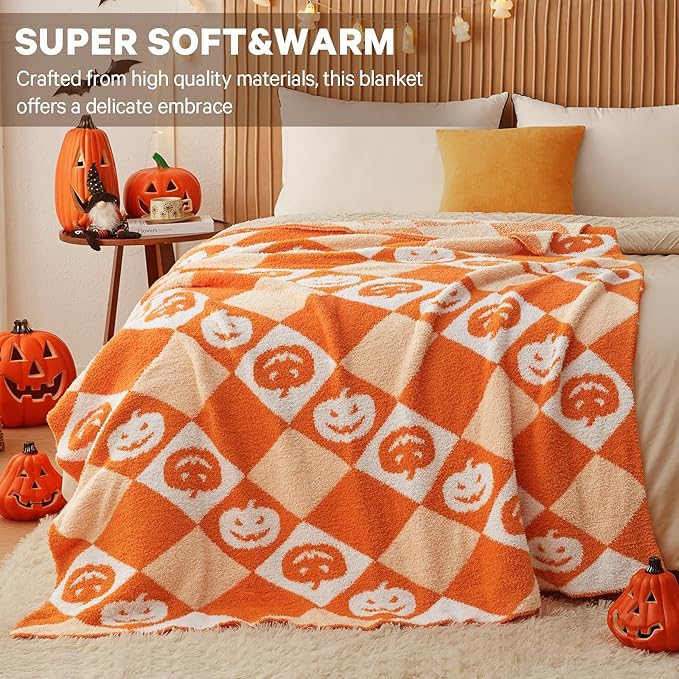CYMULA Halloween Knit Throw Blanket - Pumpkin Blanket for Couch, Soft Cozy Lightweight Fluffy Blanket for Fall Decor, 60"x80"