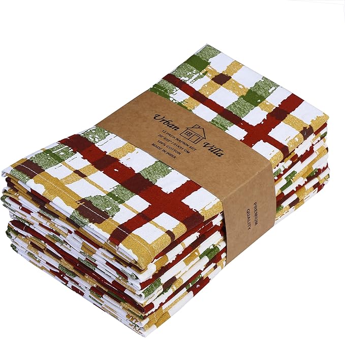 Urban Villa Harvets Dinner Napkins Set of 12, 20x20 Inches Soft Premium Hotel Quality Napkins, Highly Absorbent, Reusable & Washable Table Dinner Napkins - (Multicolor, Fall Checks)