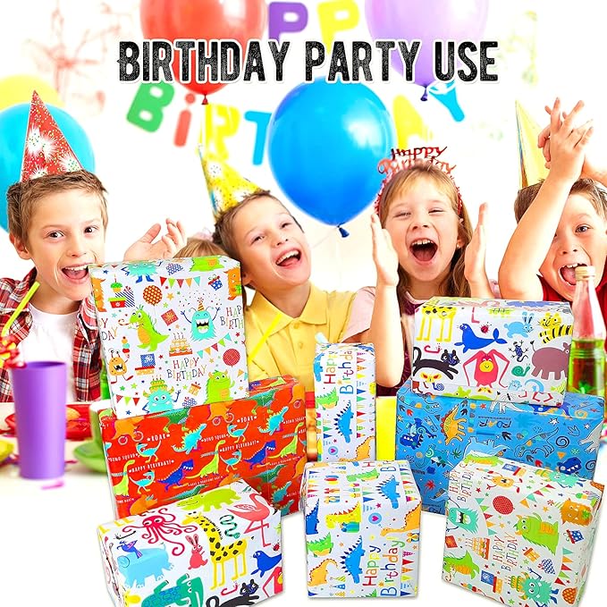 Kids Birthday Wrapping Paper for Boys & Girls - Dinosaur Animal Gift Wrap (6 Sheets 28"Lx20"W per Sheet)