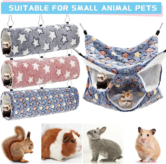 Abbylike 9 Pieces Rat Hammock 3 Tier Guinea Pig Ferret Hammocks Small Pet Hanging Tunnel Glider Toy Guinea Pig Ferret Hideout Bed Cage Accessories for Hamster(Navy,Grey,Pink,Star)