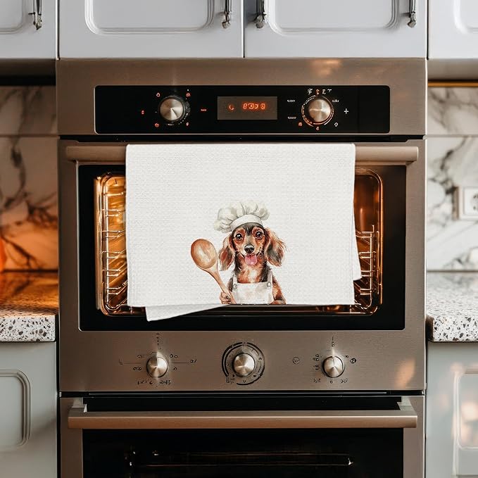 Funny Dachshund Chef Kitchen Towels, Dachshund Gifts for Women Men, Chef Gifts, Funny Wiener Dog Decorative Dish Hand Tea Towels for Kitchen Bakery, 16x24 Inch