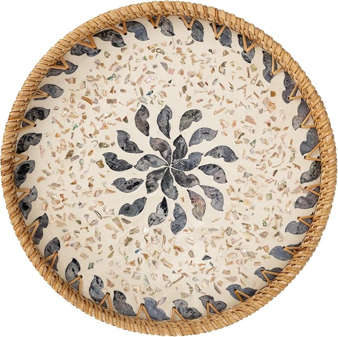 StorageWorks Decorative Coffee Table Trays for Home Decor, Round Rattan Tray with Mother of Pearl Inlay, Small Wicker Woven Serving Tray Decor for Kitchen Counter, Living Room and Ottoman, Blue