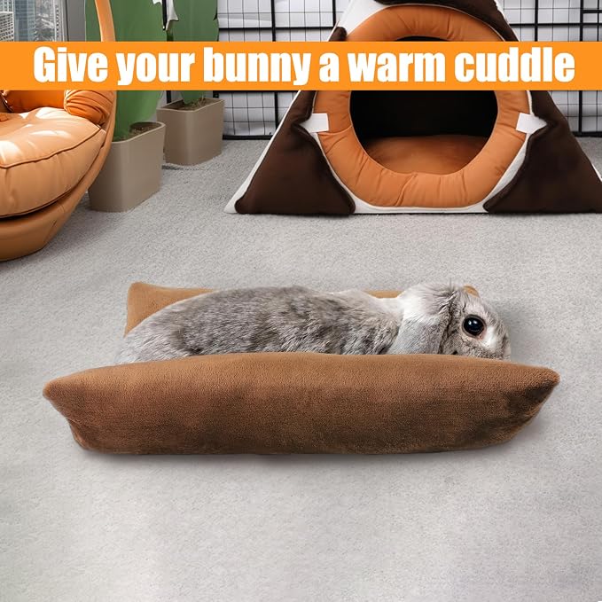 MEWTOGO 15.7" x 14" Bunny Bed for Rabbit Cage, Thickened & Soft | Prevent Sore Hocks Plush Mat with Cotton Lounger Pillows, Small Animal Flop Mat for Hutch Sleeping Indoor, Brown