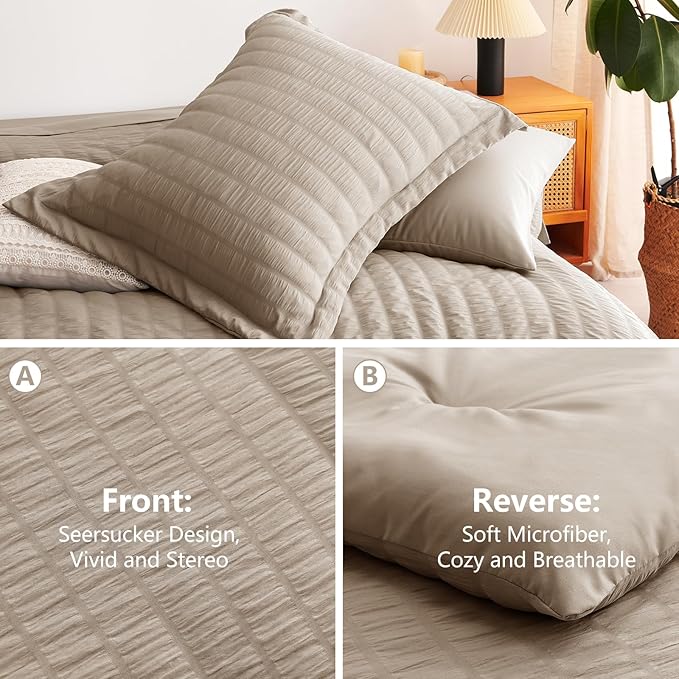 CozyLux King Size Comforter Set Khaki Seersucker 7 Pieces Bed in a Bag King Comforter Set with Sheets, Luxury Soft Bedding Set with Down Alternative Comforter, Sheets, Pillowcases & Shams All Seasons