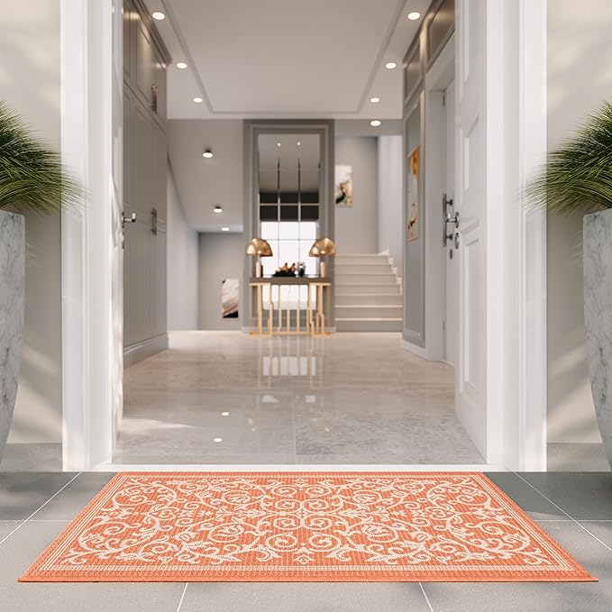 SAFAVIEH Washable Rug Outdoor Courtyard Collection - 2' x 3'7", Terracotta & Natural, Non-Shedding & Easy Cleaning, Ideal for Patio, Front Door, Entryway, Doormat (CY2098-3202)