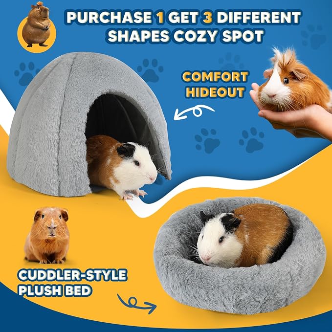 Guinea Pig Hideout - Fluffy Separable Small Pet Bed with Snap Fastener, Cuddler-Style Guinea Pig Bed with Round Shape Surrounds, Igloo Shape, Grey