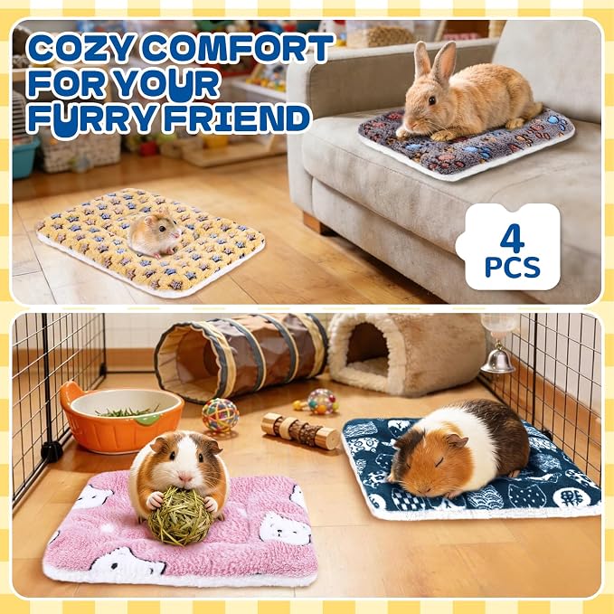 Eilyliafe 4 Pack Rabbit Bunny Bed Soft Guinea Pig Bed Mat Washable Guinea Pig Bunny Pad Reversible Small Animal Bed Cage Liner for Hamster Rat Hedgehog Chinchilla Ferret (13×10 Inch)