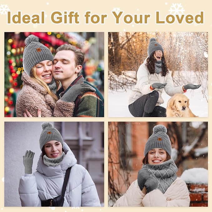 YARIEW Winter Hat Neck Warmer and Gloves Set for Women, Warm Knitted Beanie with Pom Pom, Soft Ear Warmer Scarf, Warm Gloves