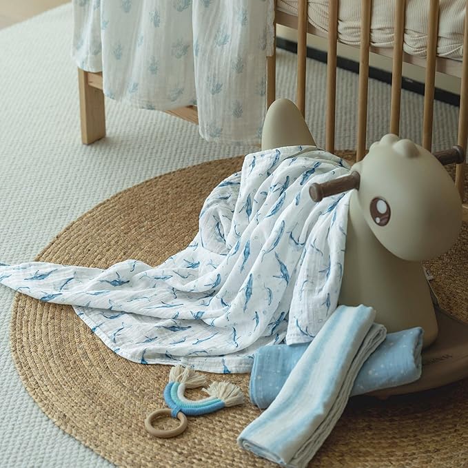 Muslin Swaddle Blankets for Newborn, 4 Pack Organic Cotton Baby Blankets for Boys, Large 31.5 x 43.3 Breathable Soft Receiving Blanket, Essentials Swaddle Wrap Burping Clothes, Blue Whale