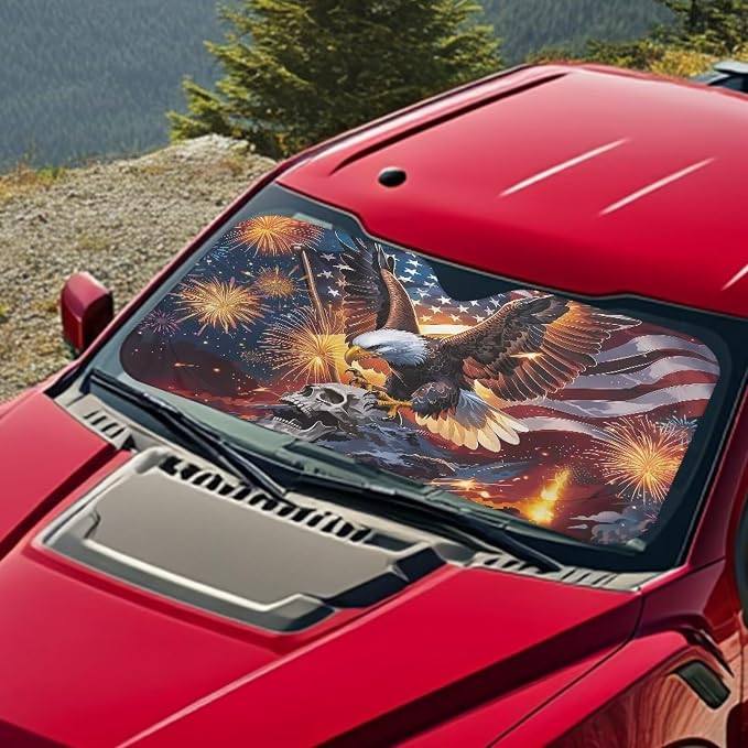 4th of July Windshield Sun Shade Foldable Universal US Flag Eagle Car Windshield Sunshade Reflective Sun Visor Blocks for UV and Heat Sun Visor Protector Accessories for Cars Truck SUV