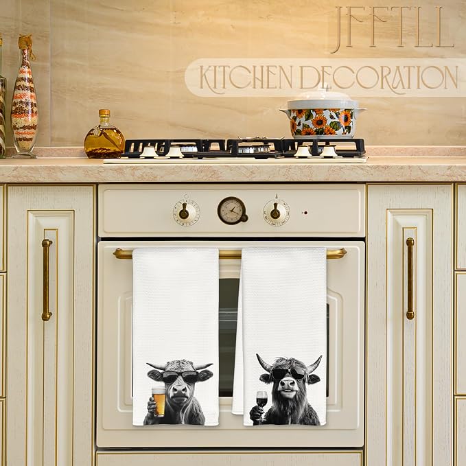 Funny Cow Kitchen Towels Set of 2, Funny Kitchen Decor, Wine Station Wine Bar Decor, Black and White Cow Owner Gift Hand Towel, Dining Room Decorative Tea Towel Dish Towels 16x24 Inch