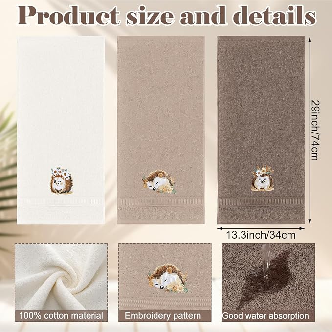 3 Pcs Hedgehog Floral Hand Towels Bathroom Decor | Cute Hedgehog Gifts, Decorative Farmhouse 100% Cotton, Embroidered Hand Towels for Women Bathroom Kitchen 13.3'' x 29.5''