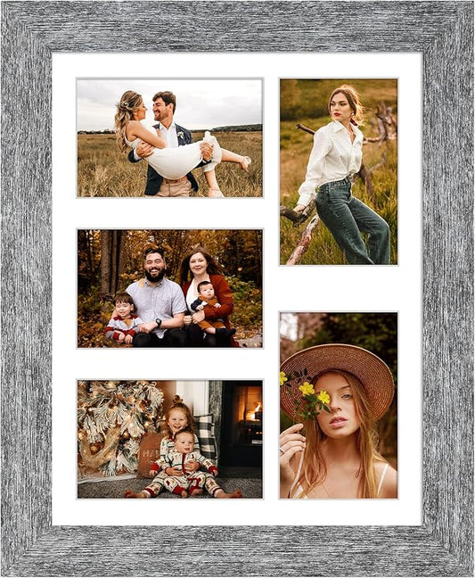 11x14 Picture Frame Display 5 opening 4X6 Picture Frame Collage,Multi Photo Frame with Mat,Plexiglass,Wall or Tabletop Decor,Grey Wood Grain