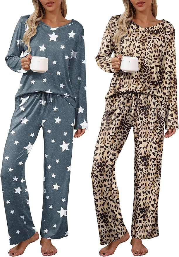 Ekouaer Womens 2 Pack Pajama Set Long Sleeve Pajamas Top and Pants V Neck Pjs Set Soft Loungewear with Pockets