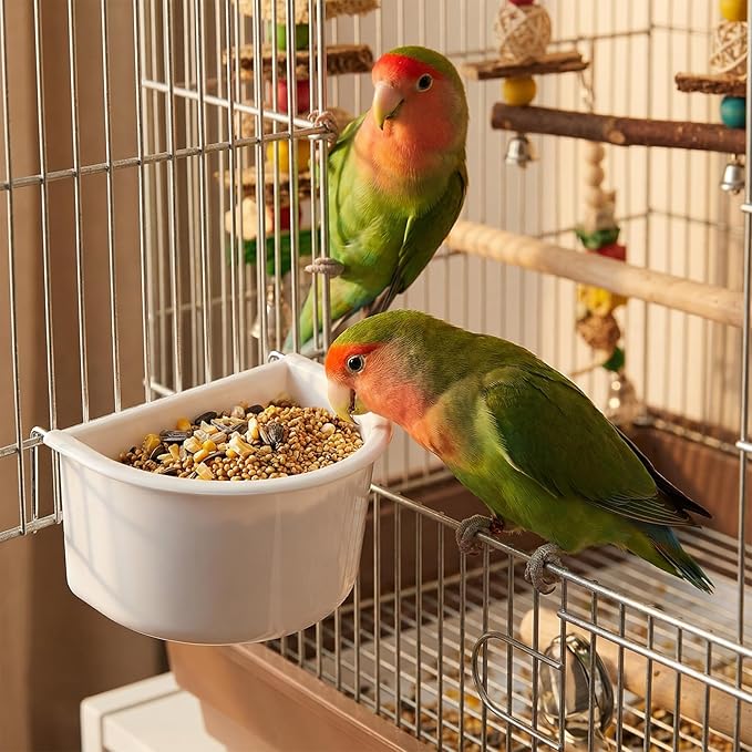 2 Pack Bird Cage Feeder, Plastic Hanging Feeder Cup with Metal Hooks Food and Water Dispenser Bowl for Small Birds Parakeet