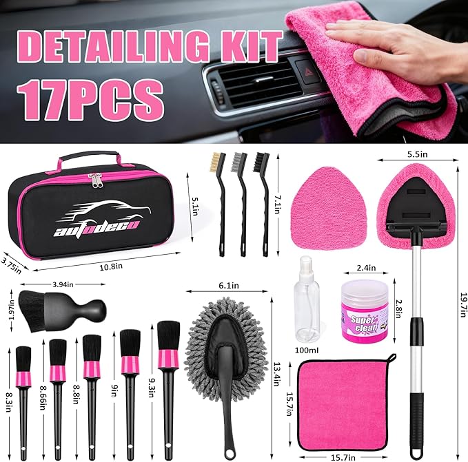 AUTODECO Windshield Cleaner Tool, 17Pcs Car Interior Detailing Kit, Detailing Brush, Towels, Duster, Car Cleaning Kit Interior for RVs, Truck, Trailer (Pink)
