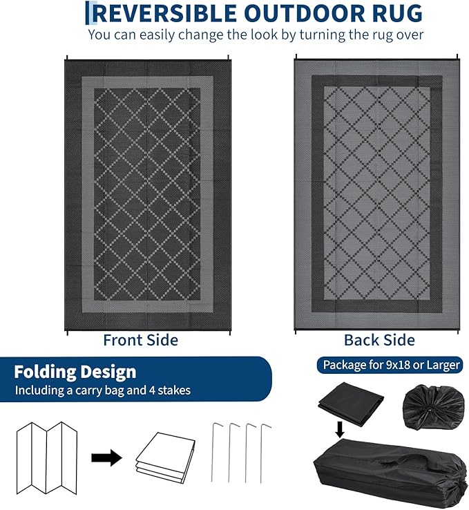Outdoor Patio Rug 9x18 Waterproof Plastic Reversible Rug Modern UV Resistant Foldable Camping Mat Contemporary Geometric Outdoor Floor Mat for RV Backyard Deck Black/Grey
