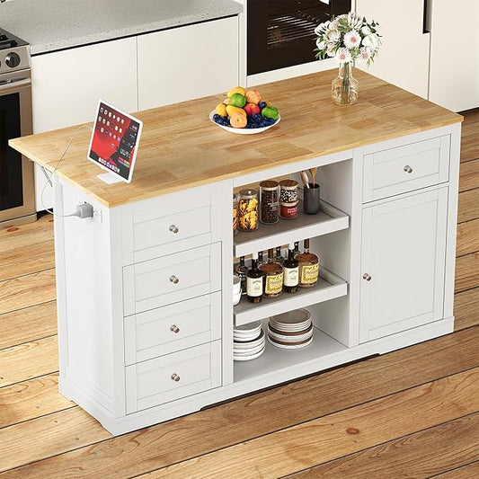 RoyalCraft 59'' Inch Kitchen Island with Storage and Drop Leaf, Island Table for Kitchen, Coffee Station Cabinet with Rubber Wood Top, Pull-Out Trays, Drawers, Adjustable Shelf, Power Outlet, White