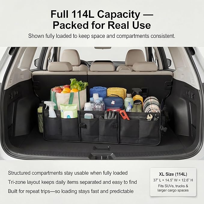 1680D Trunk Organizer with Lid, Extra-Large 114L Collapsible Cargo Organizer for SUVs, Trucks & Large Cargo Areas, Rigid PP Panels, 800D x 800D Weave, Water-Repellent, Anti-Sag Design