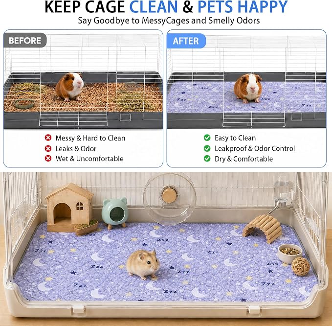 Guinea Pig Cage Liner 2 Pack Super Absorbent Washable Guinea Pig Pee Pads Waterproof Reusable Anti Slip Bedding Pee Pad Mat for Rabbit Bunny Rat Cat (Stars&Moon, 48" x 24" (2 Pack))