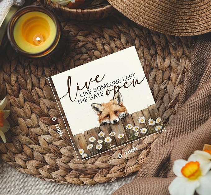 Fox Wooden Box Sign - Rustic Farmhouse Live Like Someone Left the Gate Open Signs for Home Decor,Farm Cottagecore Animal Office Kitchen Bedroom Decor,Fox Gifts for Women Men, 6x6
