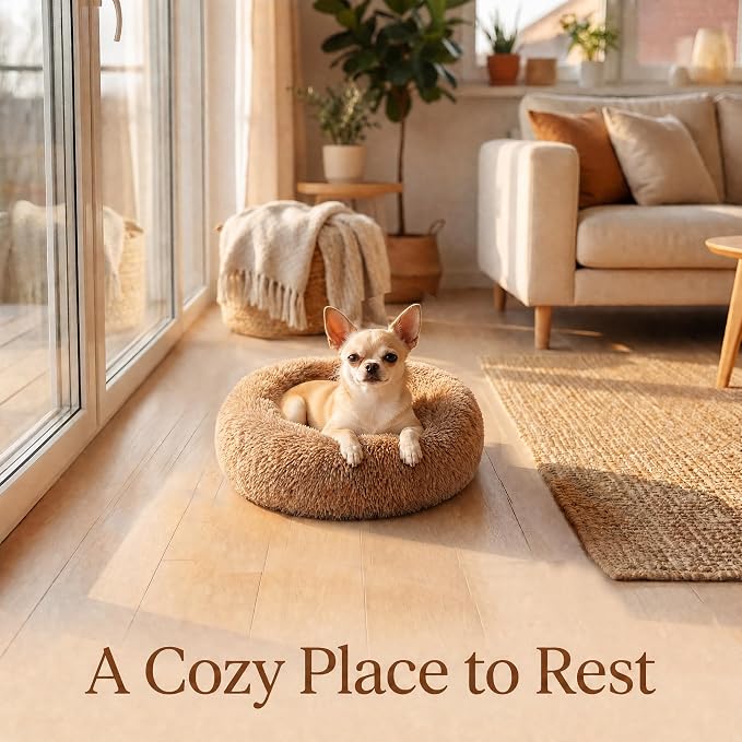 Tiny Dog Bed for Extra Small Dogs for Chihuahua Pomeranian Toy Poodle | 15 Inch Washable Puppy Bed,Soft Faux Fur Calming Donut Bed,Brown