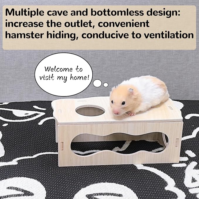 2 PCS Wooden Hamster Hideout Multi-Chamber Tunnel Set Hamster House Hiding Maze Platform Stuff Exploring Toy Cage Accessories for Gerbil Rat Mice