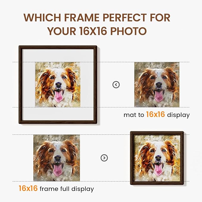 16x16 Picture Frame Natural Oak Wood From California-USA Walnut Color Finished Handcrafted 16 x 16 Photo Frame Matted to 12x12 Photo with Real Tempered Glass,for Family,Graduation Display Table & Wall
