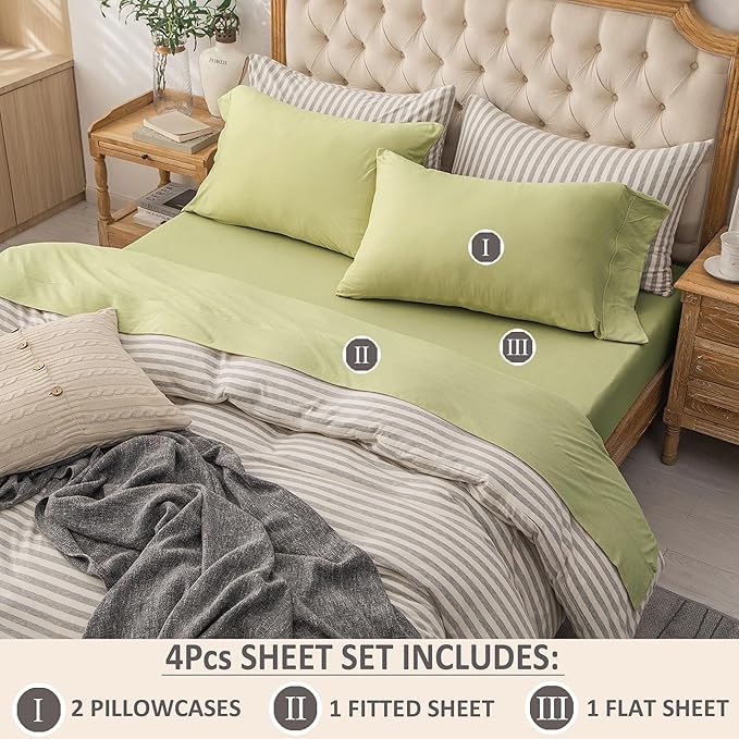 PURE ERA Jersey Knit 4pc Bed Sheet Set 100% T-Shirt Cotton Super Soft Comfy Breathable Fits Mattress Up to 20" Extra Deep Pocket (Solid Mocha Green, King)