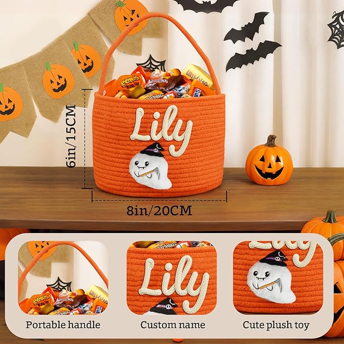 Personalized Halloween Baskets Gift for Kids, Custom Woven Candy Bucket with Name, Halloween Trick or Treat Basket