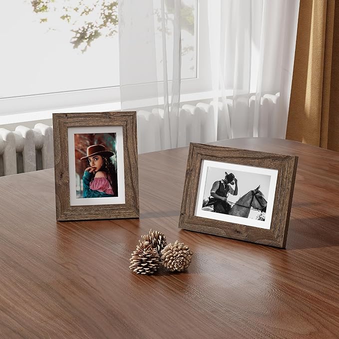 Fun Memories 5x7 Picture Frame with Mat for 4x6 Photo, Solid Elm Wood & Tempered Glass, Rustic Wall & Tabletop Display Frame, Walnut, 1 Pack