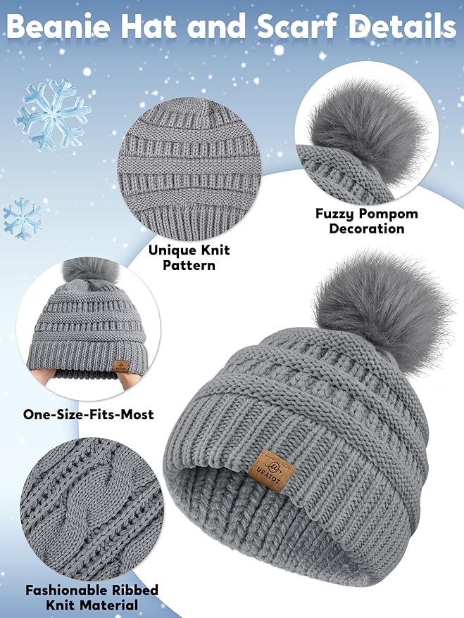 URATOT 4-In-1 Winter Warm Sets Knitted Scarf Touch Screen Gloves Beanie Pompom Hat and Winter Ear Warmer for Men or Women