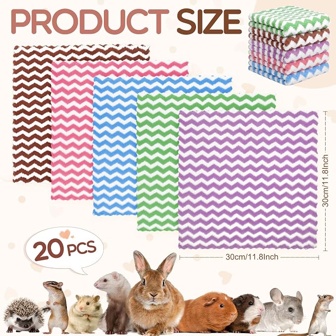 Moukeren 20 Pcs Guinea Pig Fleece Bedding Blankets Bulk Washable Small Animal Fleece Cage Liners Pet Sleeping Mat Cover for Hamster Chinchilla Rabbit Hedgehog (12 x 12 Inch,Wavy Style,Multicolor)