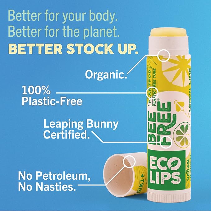 Vegan Lip Balm Lemon Lime Flavor 3 Pack - Bee Free with Candelilla Wax, Cocoa Butter & Coconut Oil Lip Care. Soothe & Moisturize Dry, Chapped Lips - 100% Plastic-Free Plant Pod Packaging - Made in USA