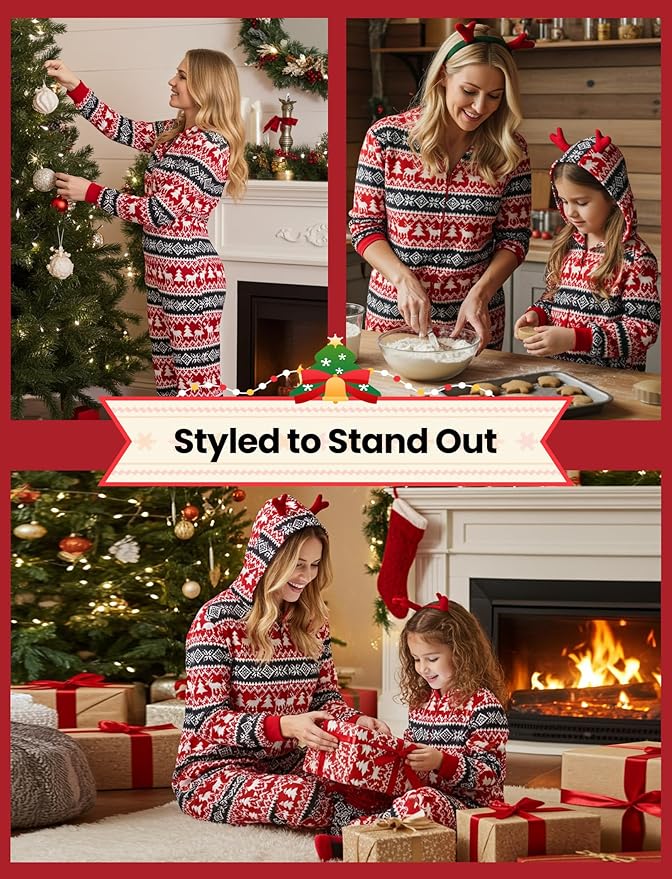 PATPAT Matching Family Christmas Onesie Pajamas – Holiday Hooded Jumpsuit Sleepwear PJs Couples Xmas Loungewear with Socks