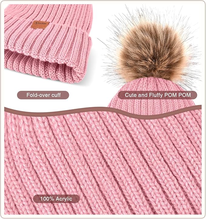 Womens Winter Beanie Hat Gloves Set,Fleece Lined Warm Knit Pom Pom Ski Hat Touchscreen Gloves Set Gifts for Cold Weather