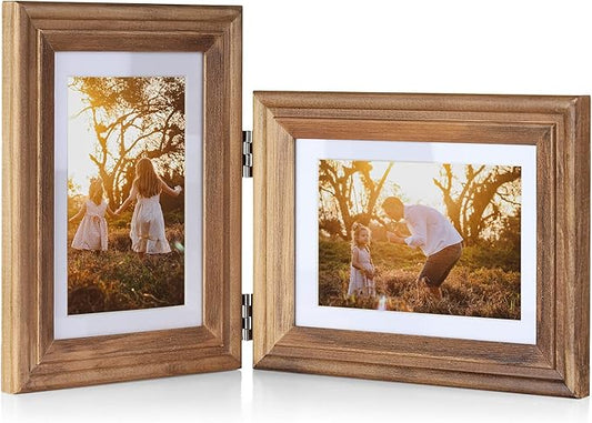 5X7 Double Wooden Hinged Picture Frame Vertical and Horizontal in Distressed Farmhouse Wood Grain, Display 4x6 with Mat or 5x7 without Mat, Folding Photo Frame with Real Glass Front for