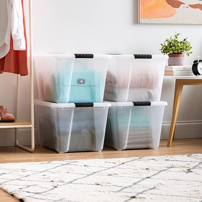 IRIS USA 54 Qt Stackable Plastic Storage Bins with Lids, 4 Pack - BPA-Free, Made in USA - See-Through Organizing Solution, Latches, Durable Nestable Containers, Secure Pull Handle - Clear