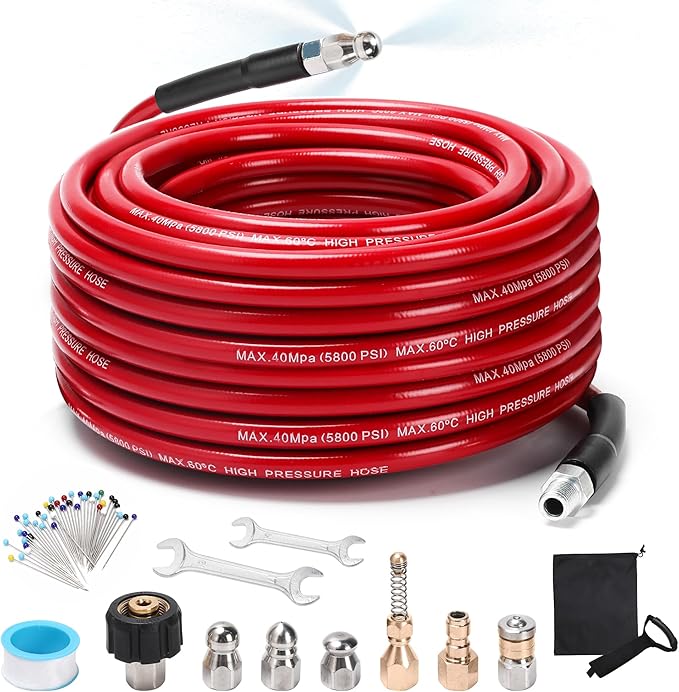 Sewer Jetter Kit for Pressure Washer, 100FT 5800 PSI Drain Cleaner Hose with 1/4" NPT Corner, Rotating and Button Hose Sewer Jetting Nozzle, Waterproof Tape, Pearl Corsage Pin, Spanner, Glove