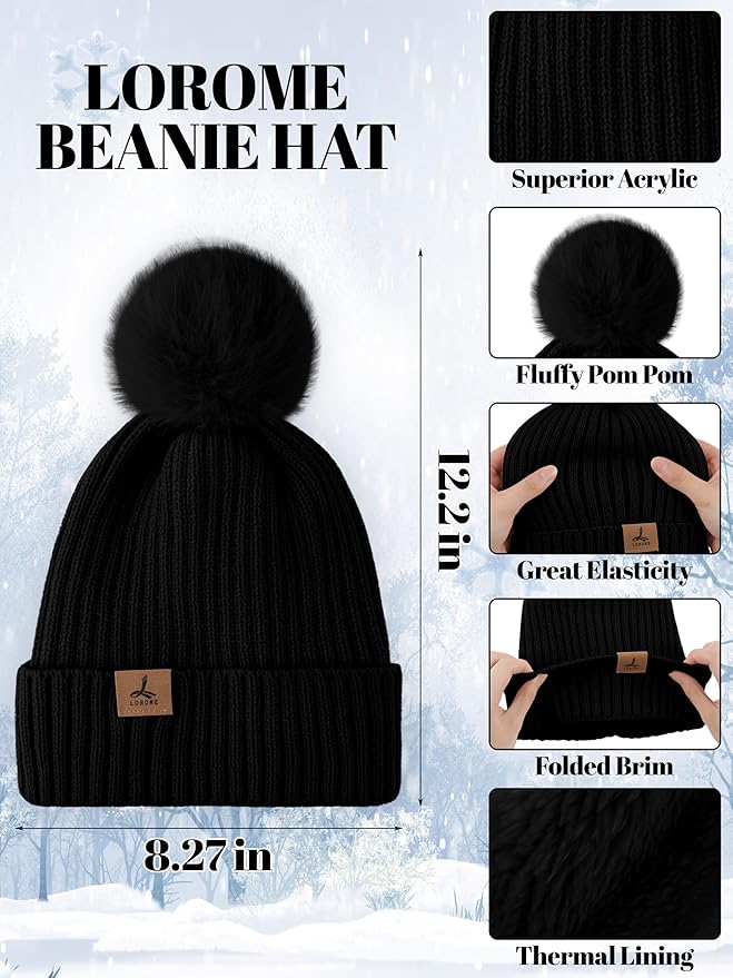 LOROME Women Winter Beanie Hat Scarf Gloves Set, Fleece Knitted Pompom Hat Warm Neck Scarf Touchscreen Gloves Winter Gift