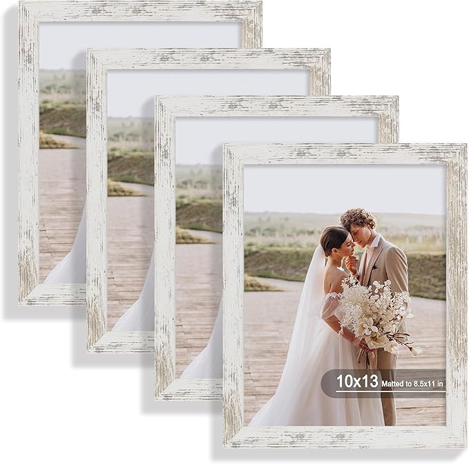 10x13 Picture Frame Set of 4, Made of Real Glass and Distressed White Frame, 10 by 13 Photo for Wall or Tabletop - Display Picture 8.5x11 with Mat or 10x13 Without Mat