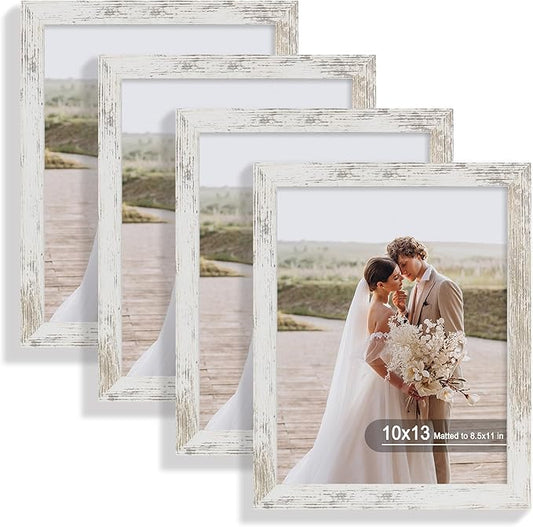 10x13 Picture Frame Set of 4, Made of Real Glass and Distressed White Frame, 10 by 13 Photo for Wall or Tabletop - Display Picture 8.5x11 with Mat or 10x13 Without Mat
