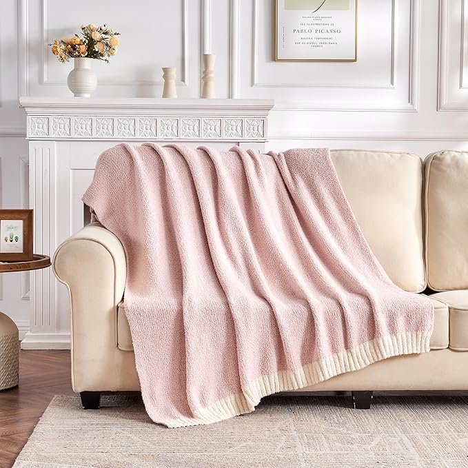 CozeCube Super Soft Fullfy Microfiber Reversible Knitted Blankets, Warm Cozy Fuzzy Plush Throw, Pink and White Melange Throw Blanket for Couch Bed Sofa, 50" x 60"