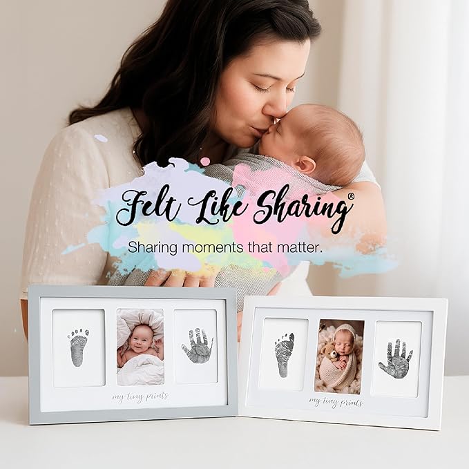 Felt Like Sharing My Tiny Prints Newborn Baby Handprint and Footprint Kit – Photo Keepsake Frame with Ink Pad for Baby Hand and Footprints – Great New Parent Present – 17” L x 9.5” H (Gray)