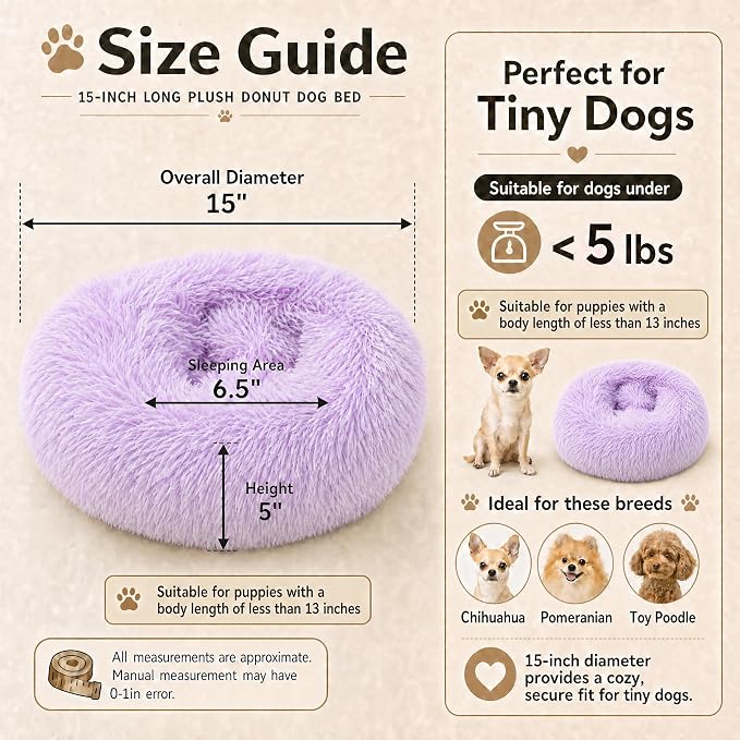 Tiny Dog Bed 15 Inch for Extra Small Dogs,Washable Puppy Bed,Soft Faux Fur Calming Donut Bed for Chihuahua Yorkie Maltese Pomeranian,Purple and White